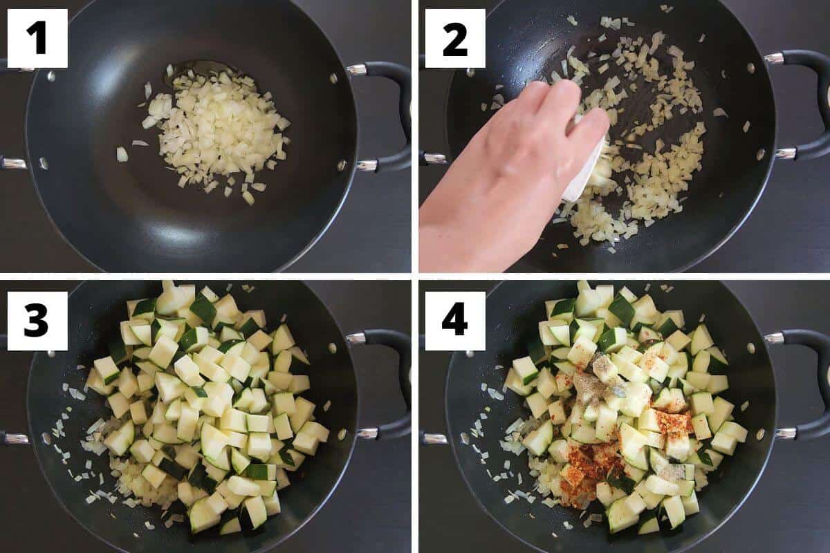 Collage of images of steps 1 to 4 of vegan pasta in zucchini sauce recipe.