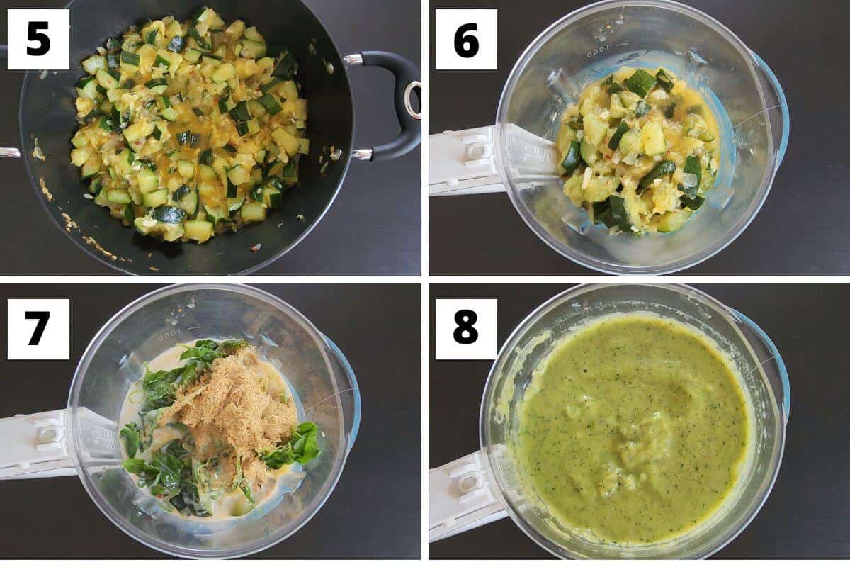 Collage of images of steps 5 to 8 of vegan pasta in zucchini sauce recipe.