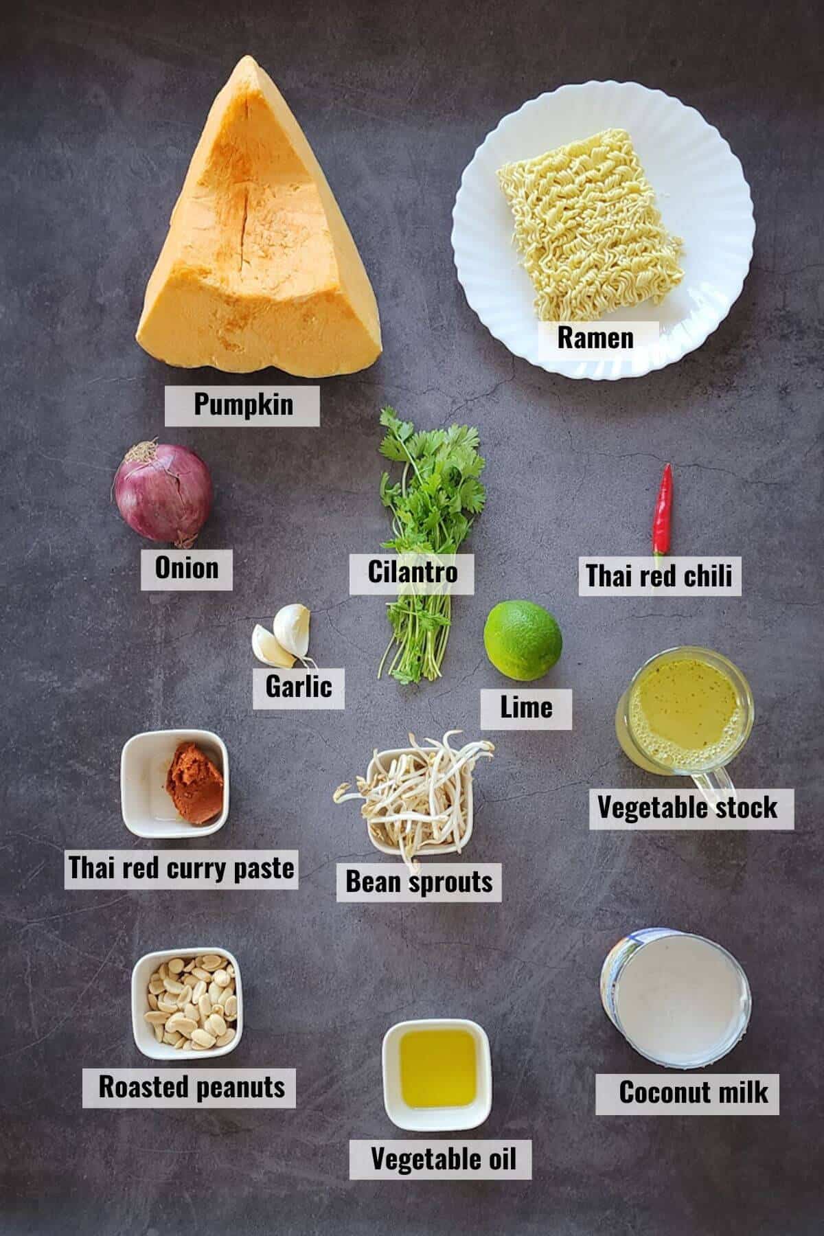 Ingredients for Thai pumpkin noodle soup recipe.