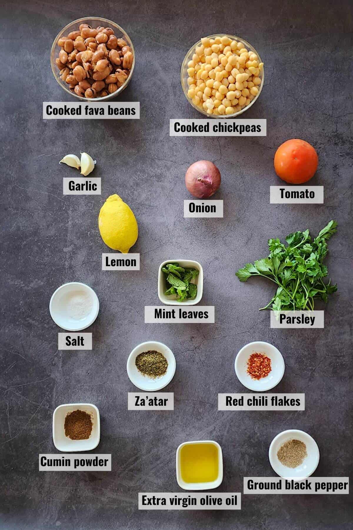 Ingredients for vegan fava bean salad recipe.