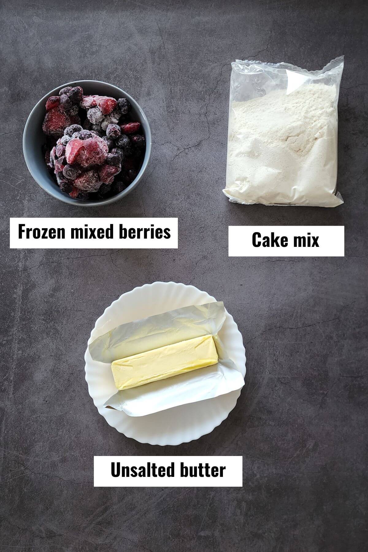 Ingredients for frozen berries cobbler, labeled.