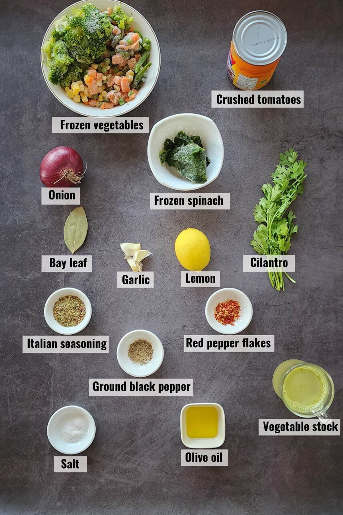 Ingredients needed to make soup with frozen vegetables.