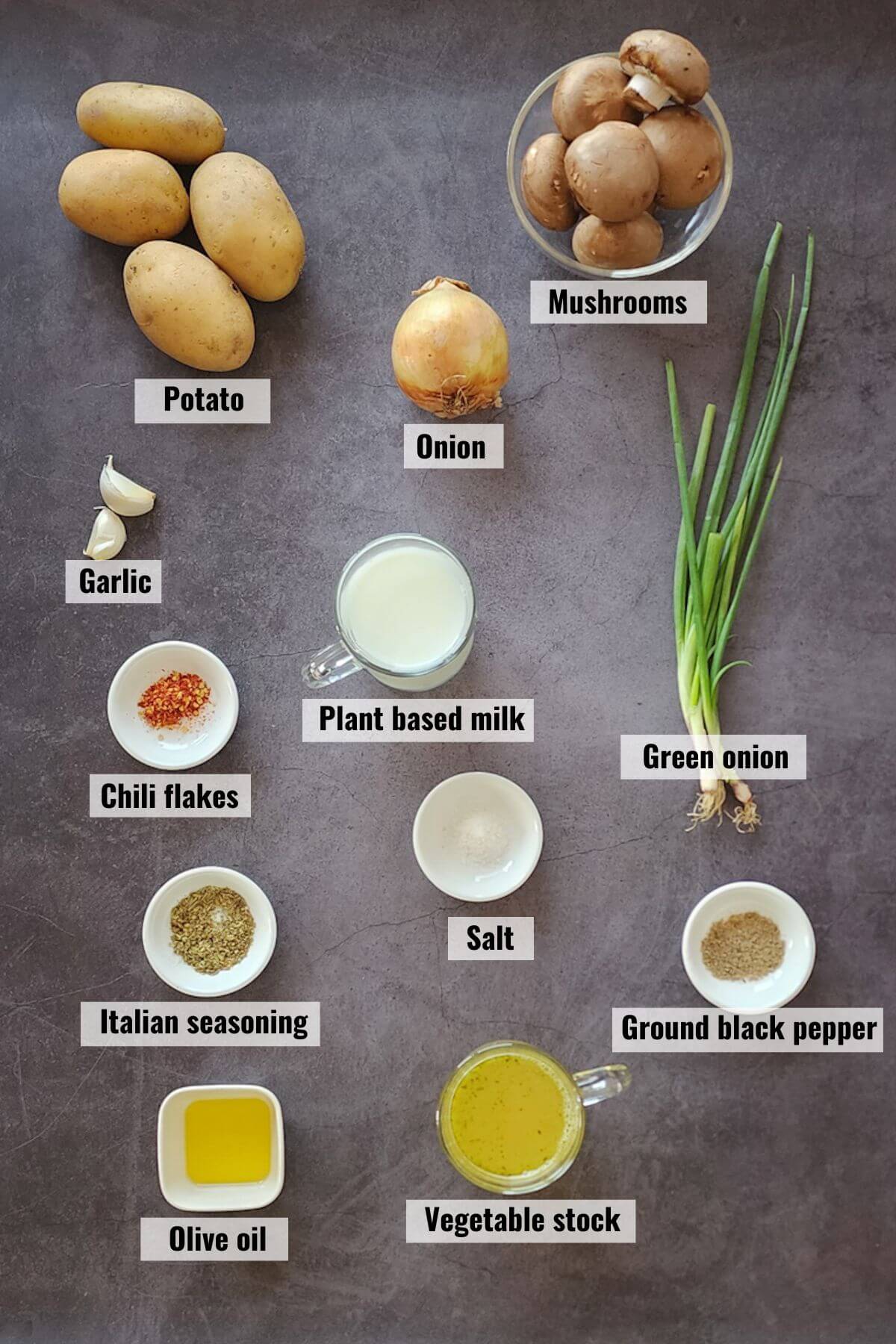 Ingredients for mushroom potato soup recipe.
