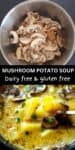 Collage of an image of sliced mushrooms in a pot and an image of mushroom potato soup.