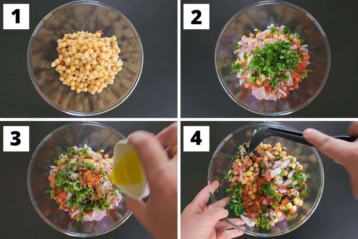Collage of images of steps 1 to 4 of fava bean and chickpea salad recipe.