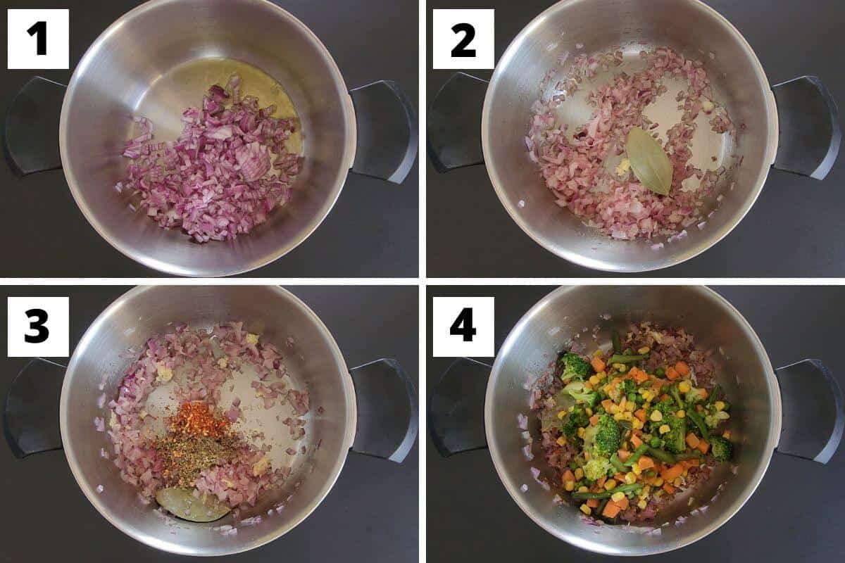 Collage of images of steps 1 to 4 of frozen vegetable soup recipe.