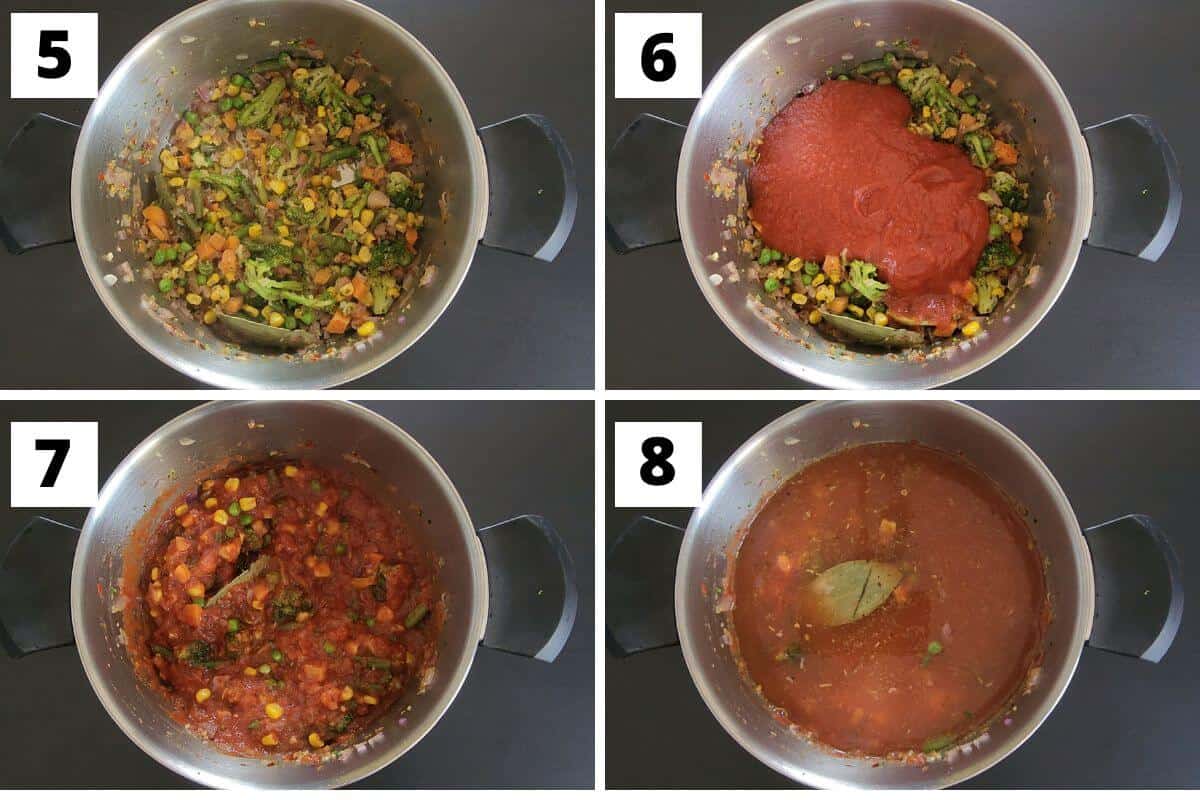 Collage of images of steps 5 to 8 of frozen vegetable soup recipe.