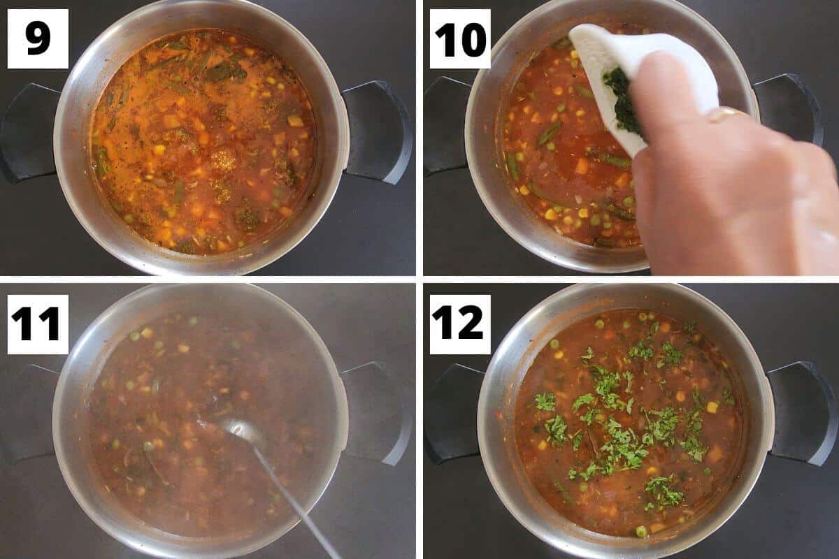 Collage of images of steps 9 to 12 of frozen vegetable soup recipe.