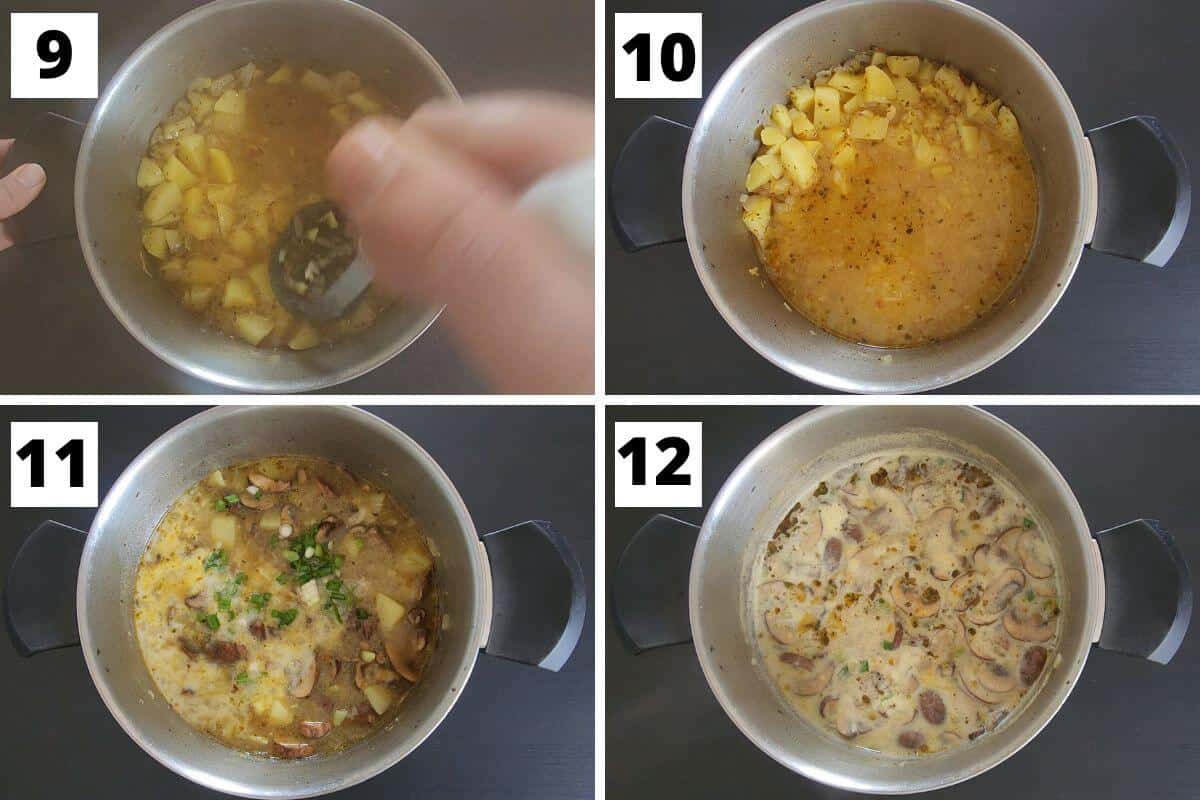 Collage of images of step 9 to 12 of mushroom potato soup recipe.