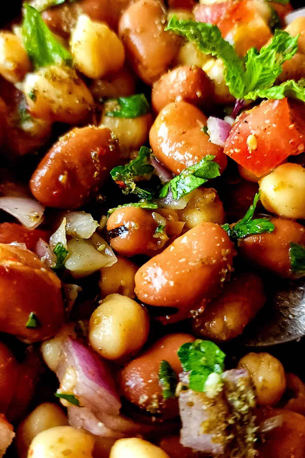 Vegan chickpea and fava bean salad garnished with fresh herbs.