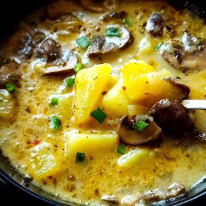 A bowl of mushroom potato soup.