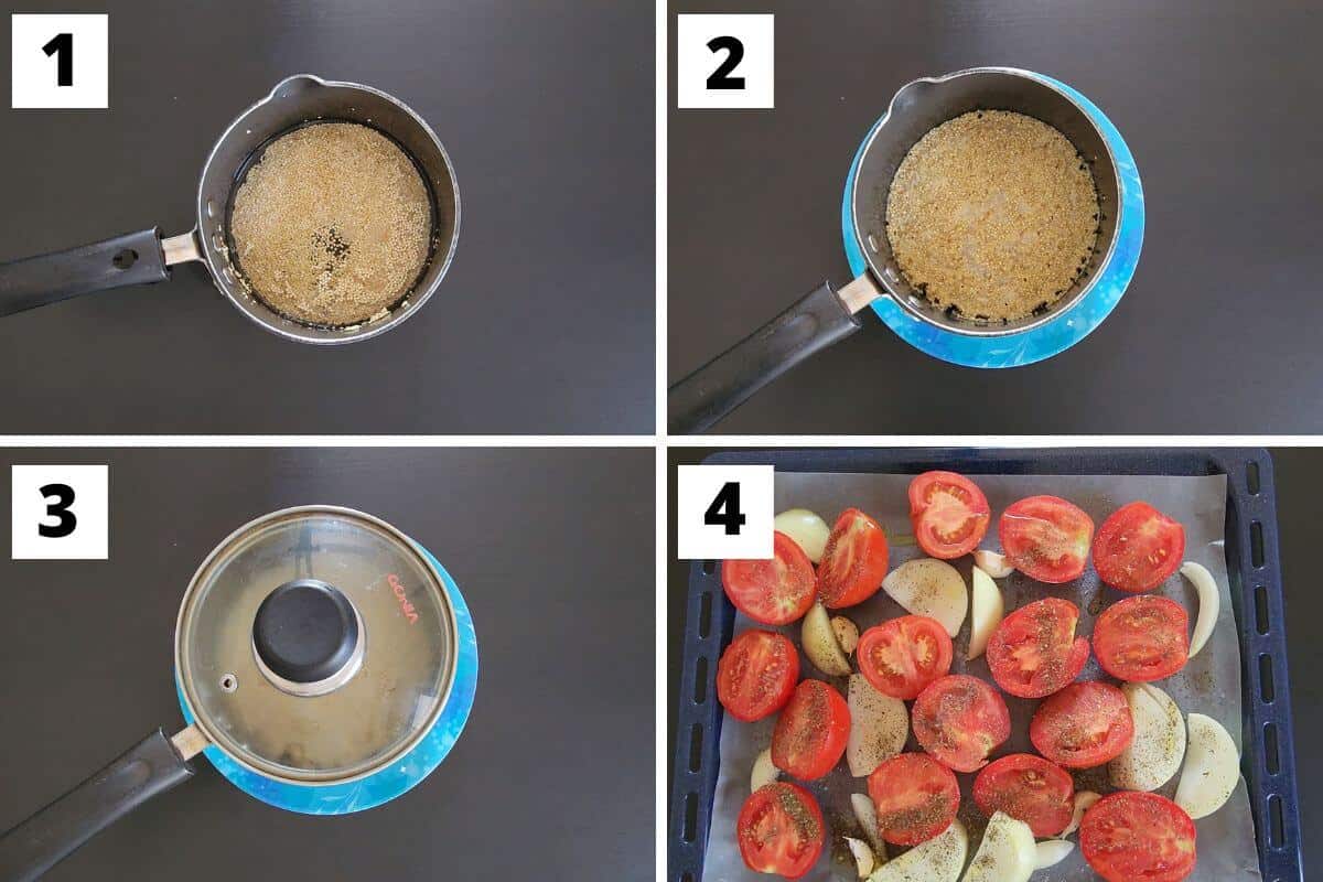 Collage of images of steps 1 to 4 of tomato quinoa soup recipe.