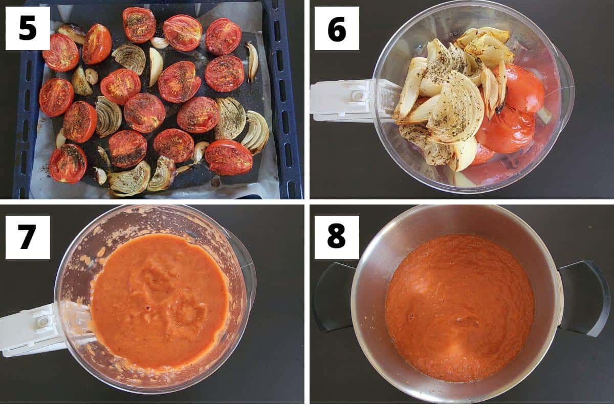 Collage of images of steps 5 to 8 of tomato quinoa soup recipe.