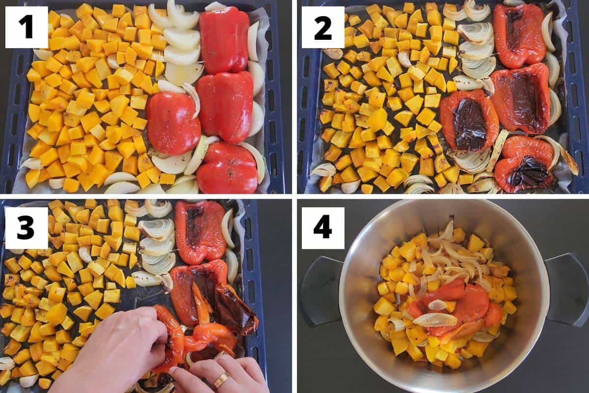 Collage of images of steps 1 to 4 of roasted butternut squash and red bell pepper soup recipe.