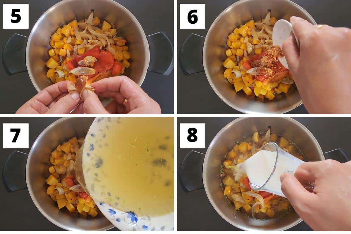 Collage of images of steps 5 to 8 of roasted butternut squash and red bell pepper soup recipe.