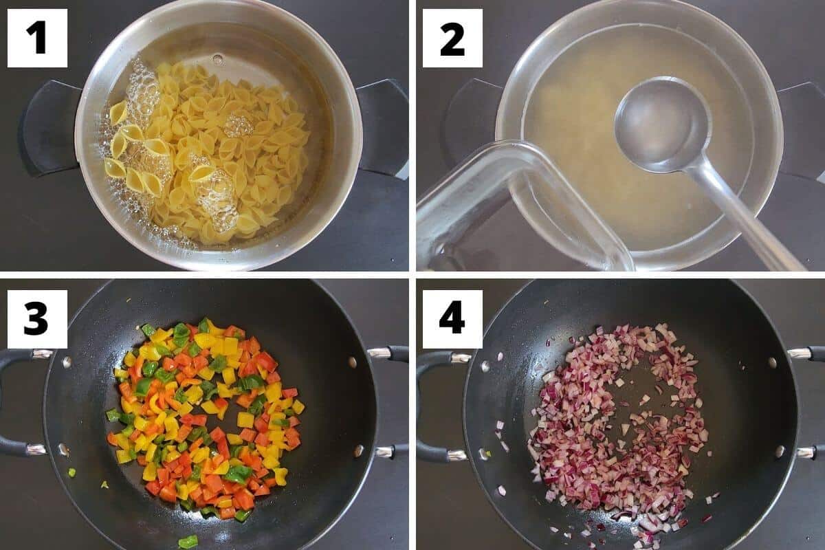 Collage of images of steps 1 to 4 of Moroccan pasta recipe.