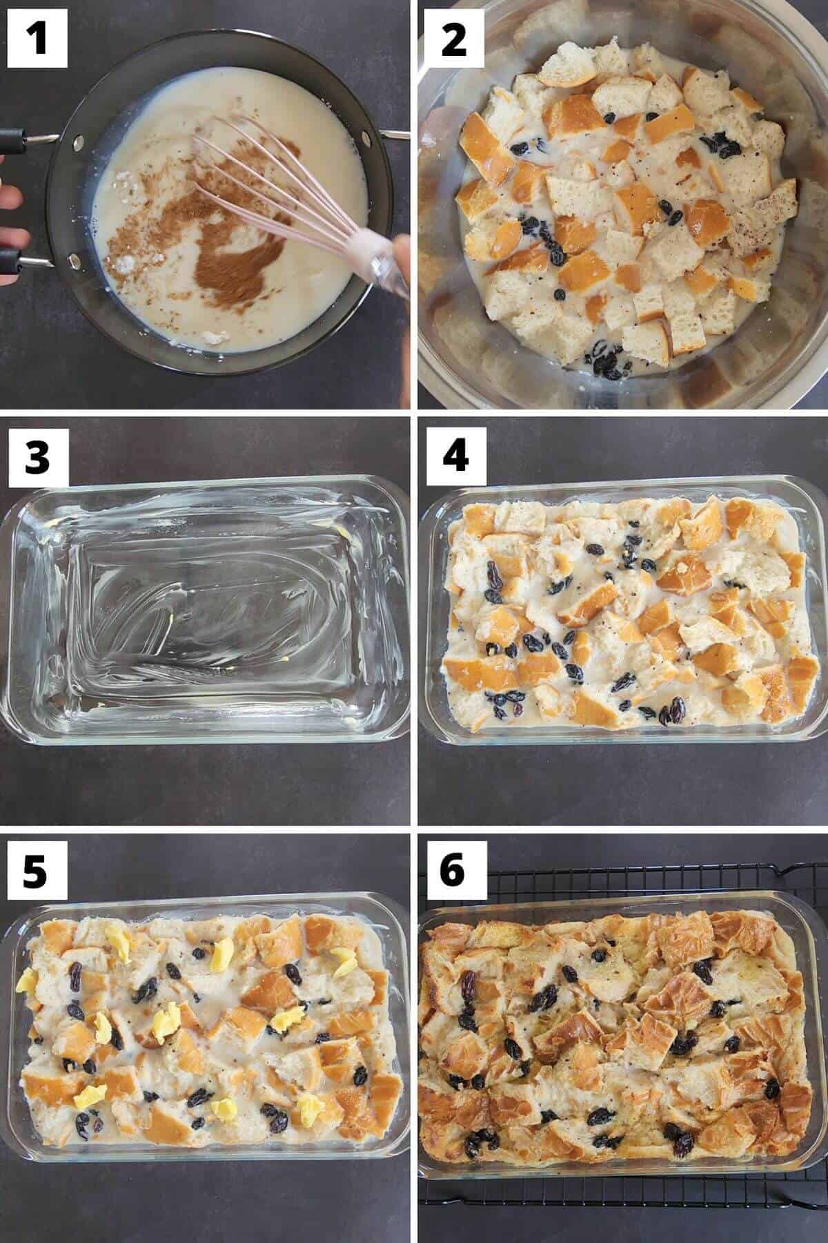 Collage of steps 1 to 6 of eggless bread pudding recipe.