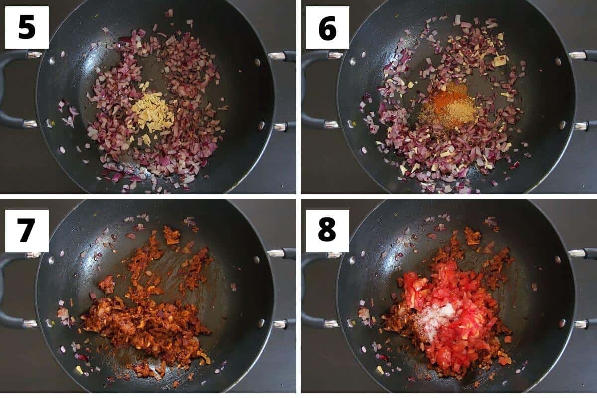 Collage of images of steps 5 to 8 of Moroccan pasta recipe.