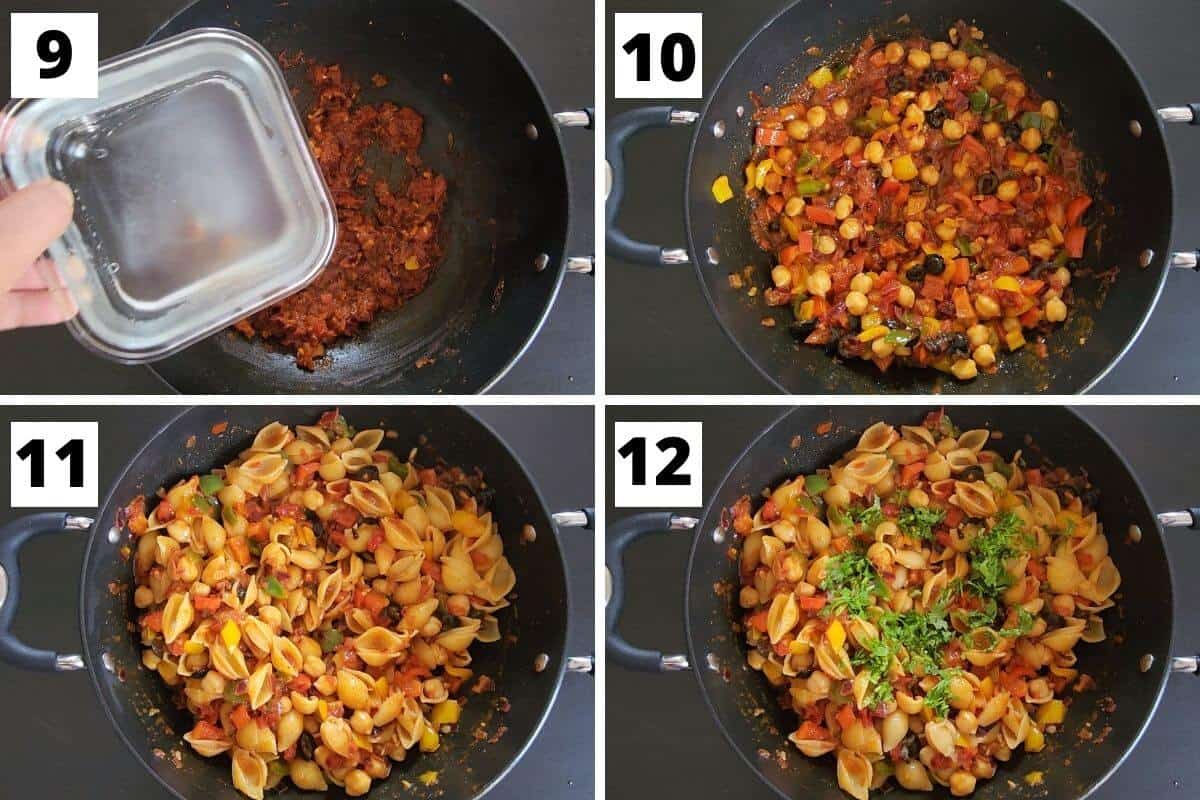 Collage of images of steps 9 to 12 of Moroccan pasta recipe.