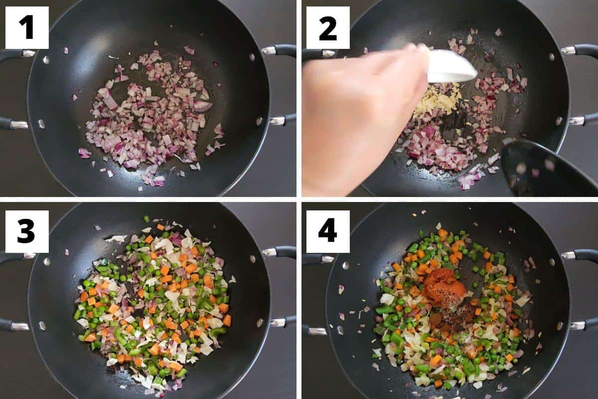 Collage of images of steps 1 to 4 of vegan Thai fried rice recipe.