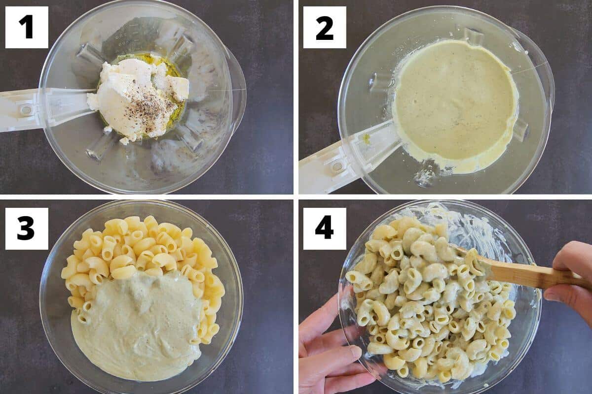 Collage of images of steps 1 to 4 of pesto ricotta pasta recipe.