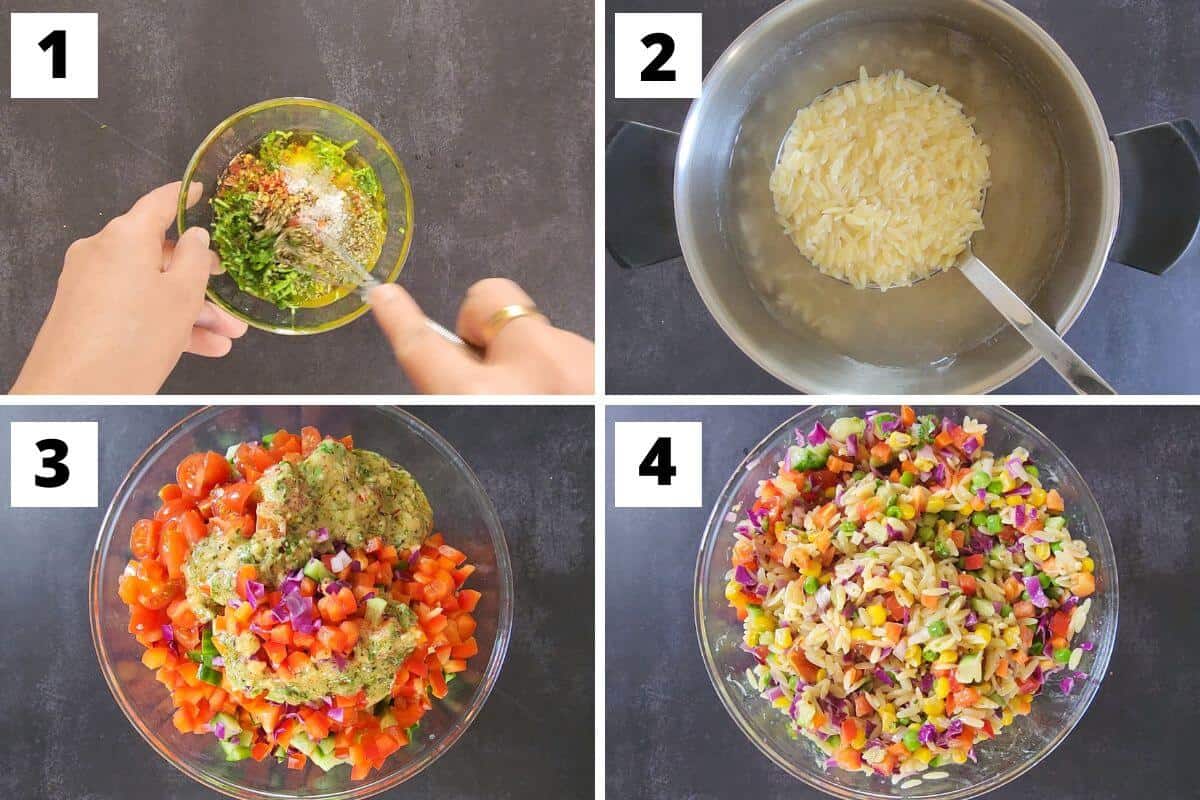Collage of images of steps 1 to 4 of rainbow orzo salad recipe.