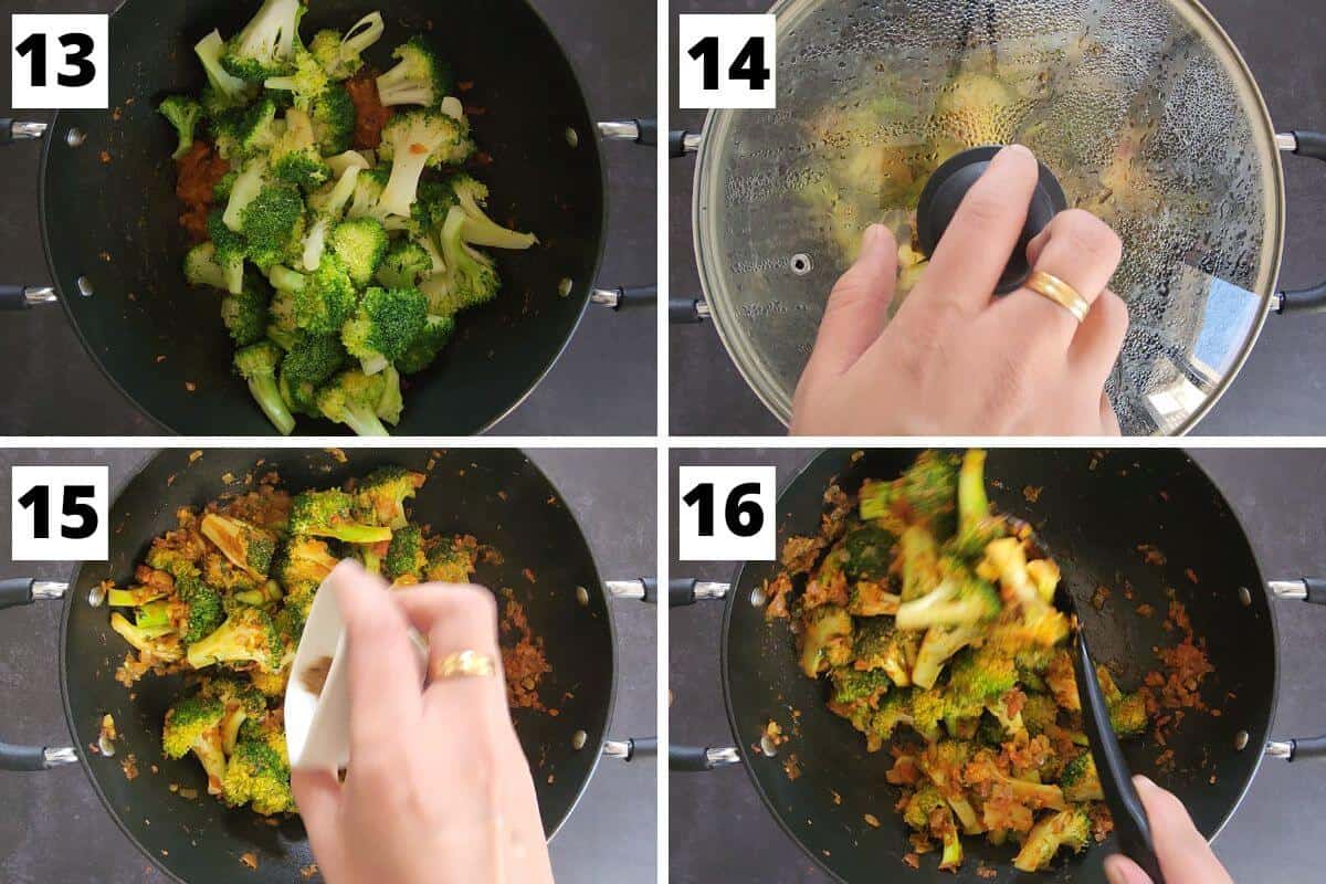 Collage of images of steps 13 to 16 of curried broccoli recipe.