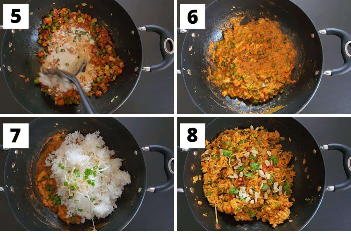 Collage of images of steps 5 to 8 of vegan Thai fried rice recipe.