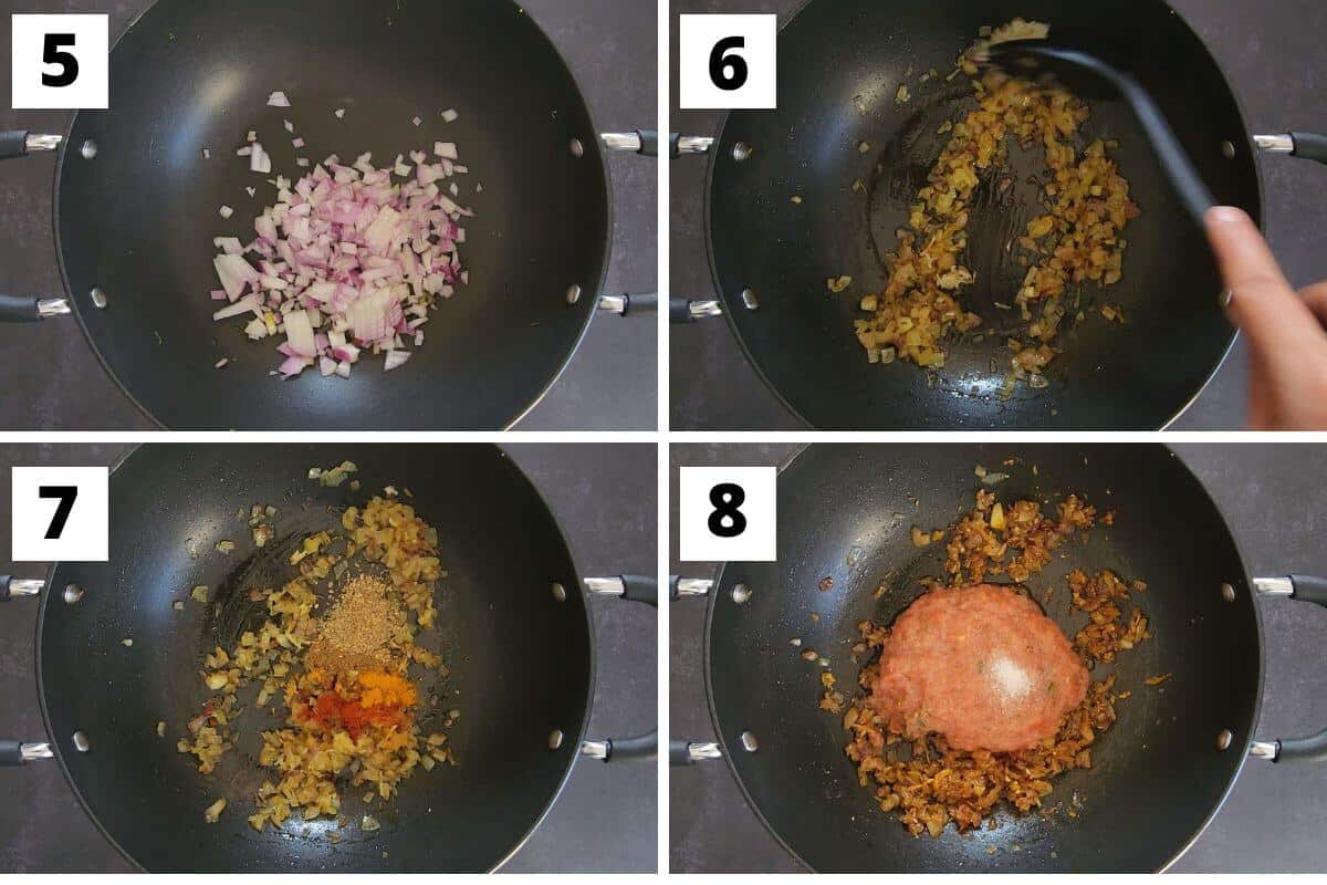 Collage of images of steps 5 to 8 of curried broccoli recipe.