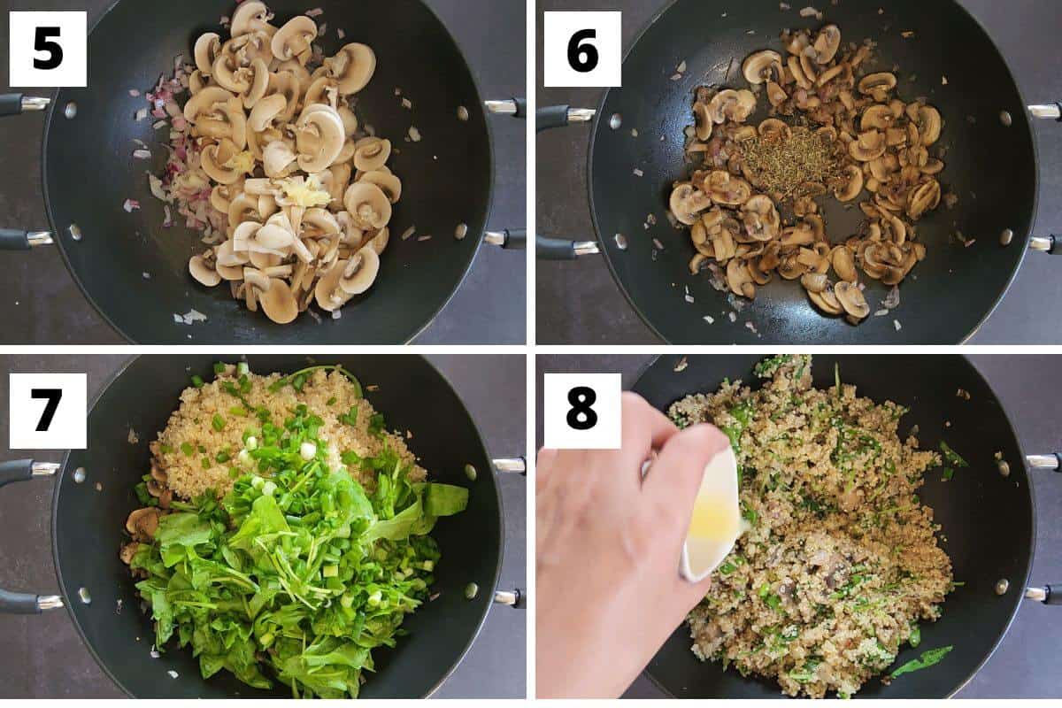Collage of images of steps 5 to 8 of mushroom quinoa recipe.