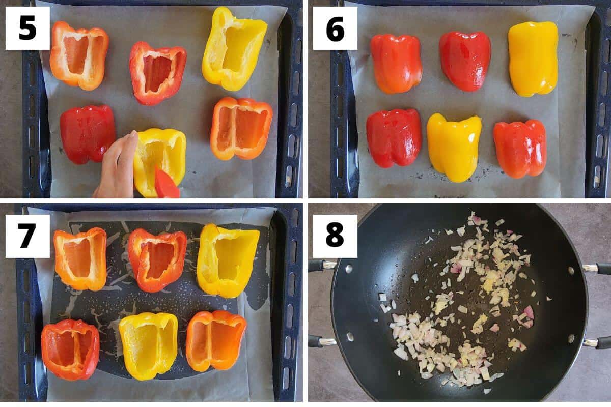 Collage of images of steps 5 to 8 of mushroom stuffed peppers recipe.