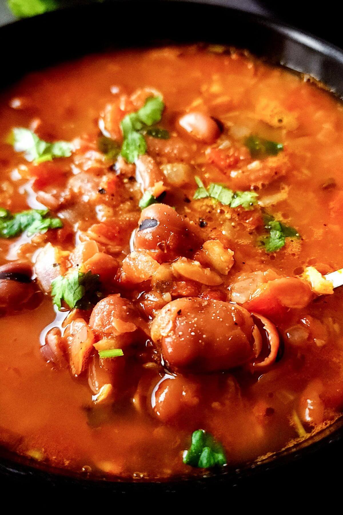 Broad bean and tomato soup in a bowl.