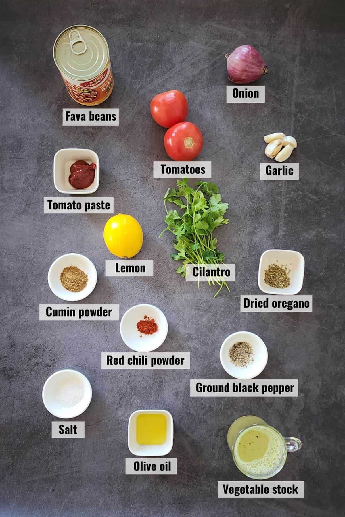 Ingredients required for fava bean soup recipe, labeled.