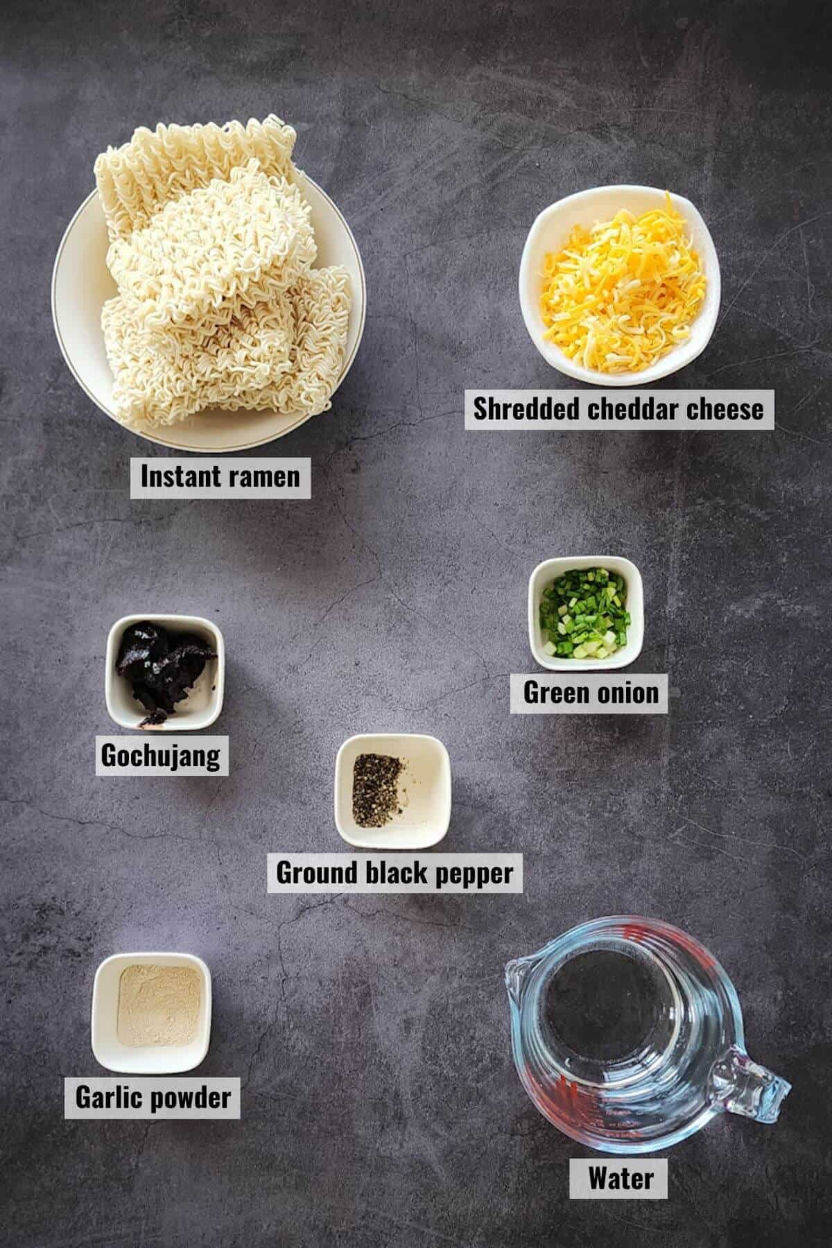 Ingredients required to make spicy cheese ramen, labeled.