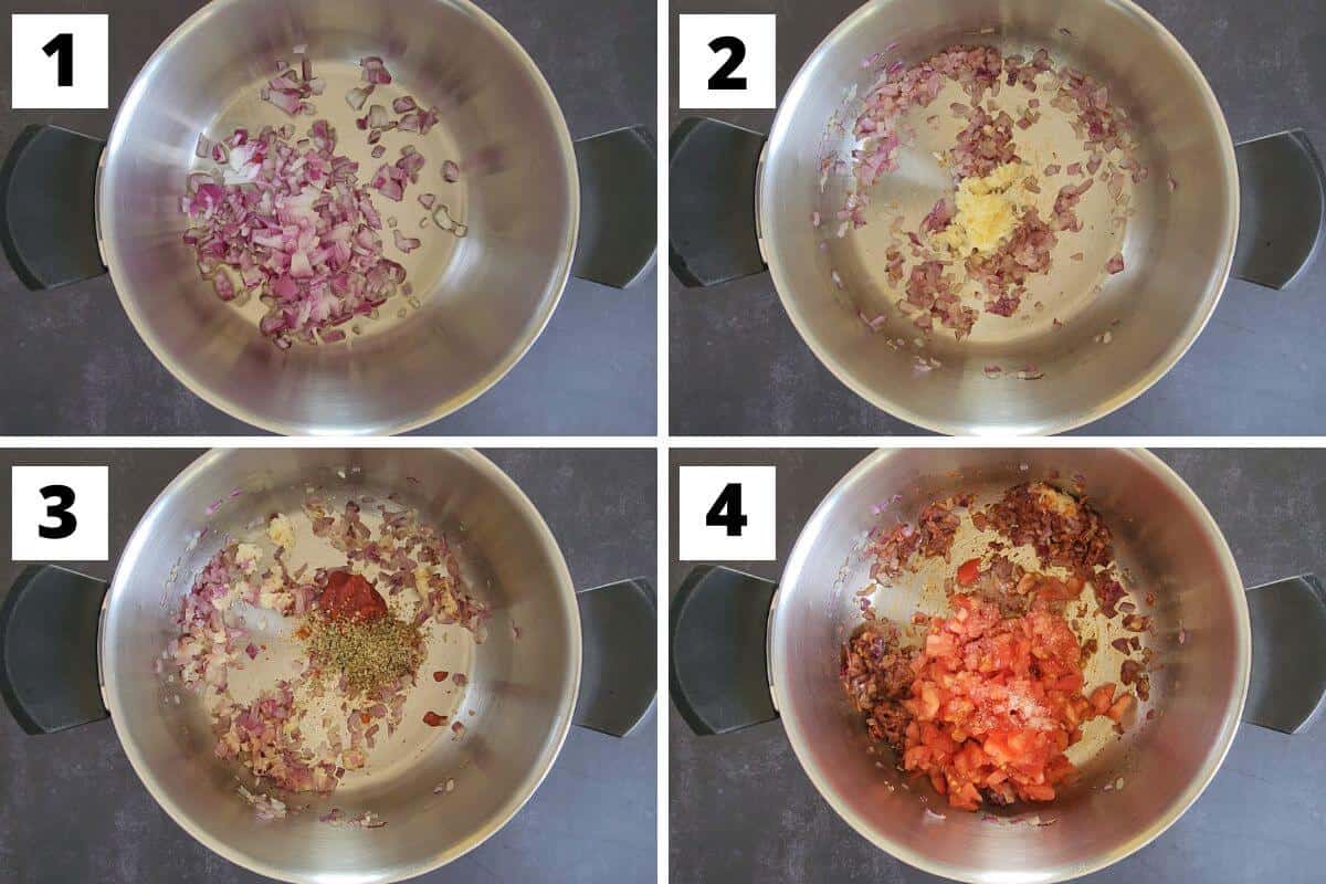 Collage of images of steps 1 to 4 of fava bean soup recipe.