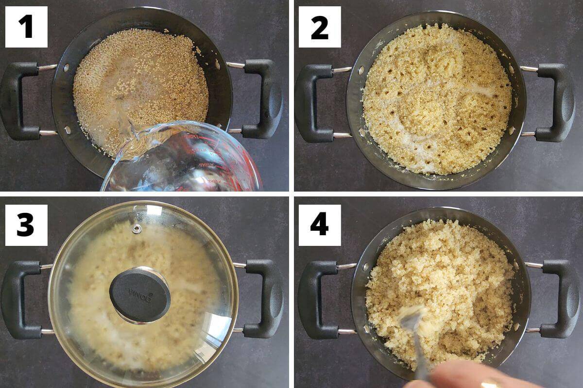 Collage of images of steps 1 to 4 of tomato quinoa recipe.