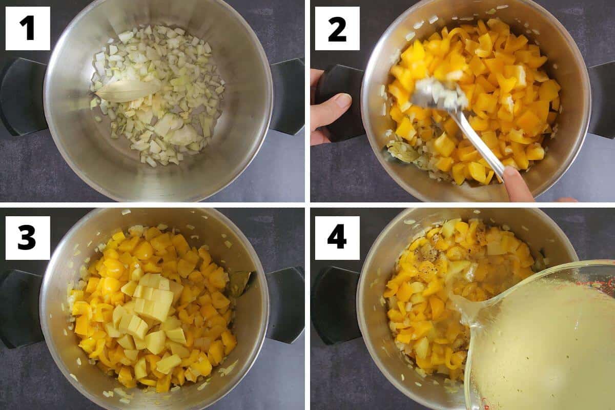 Collage of images of steps 1 to 4 of yellow bell pepper soup recipe.