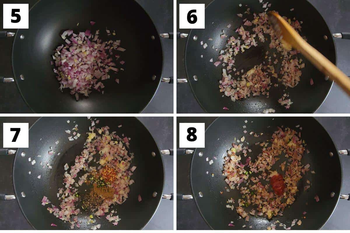 Collage of images of steps 5 to 8 of tomato quinoa recipe.
