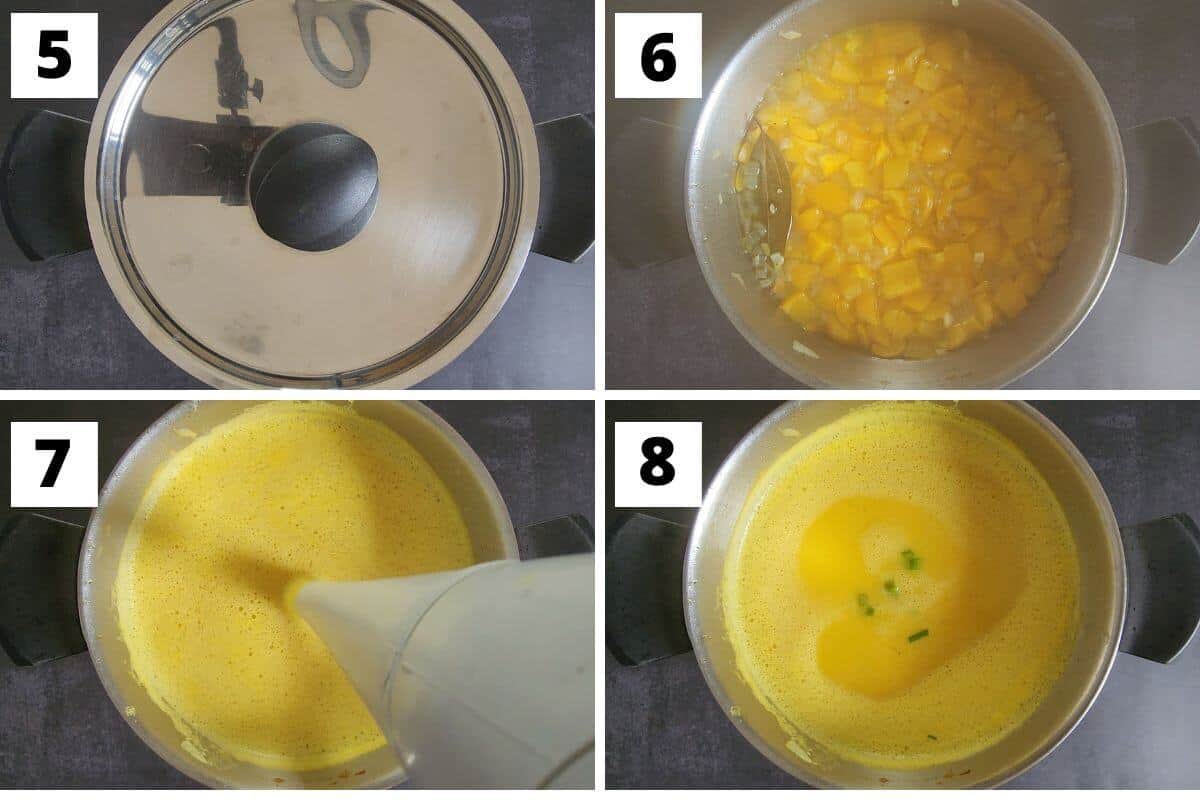 Collage of images of steps 5 to 8 of yellow bell pepper soup recipe.