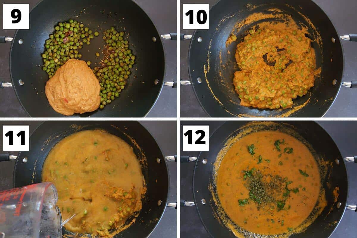 Collage of images of steps 9 to 12 of green peas curry recipe.