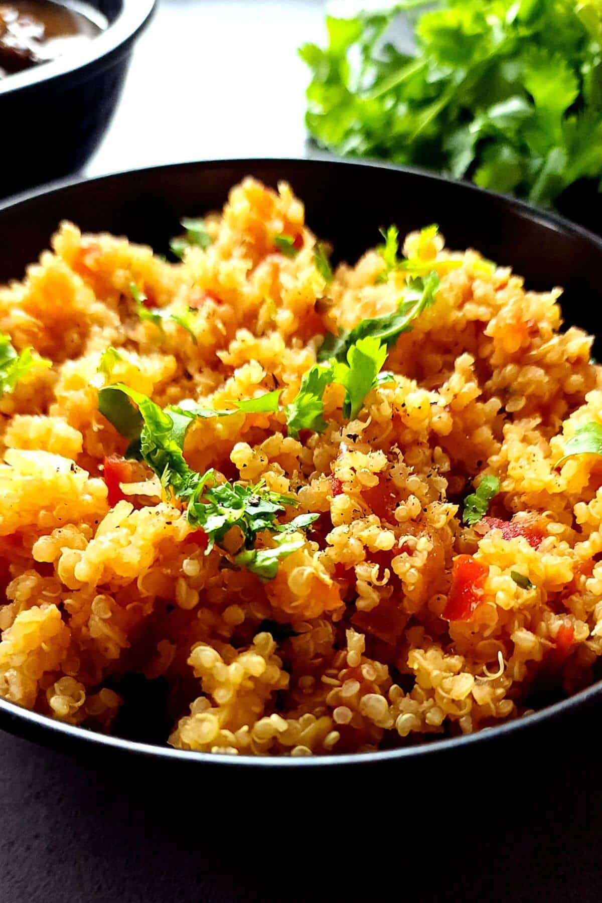 A bowl of quinoa with tomatoes with a bunch of fresh cilantro in the background.