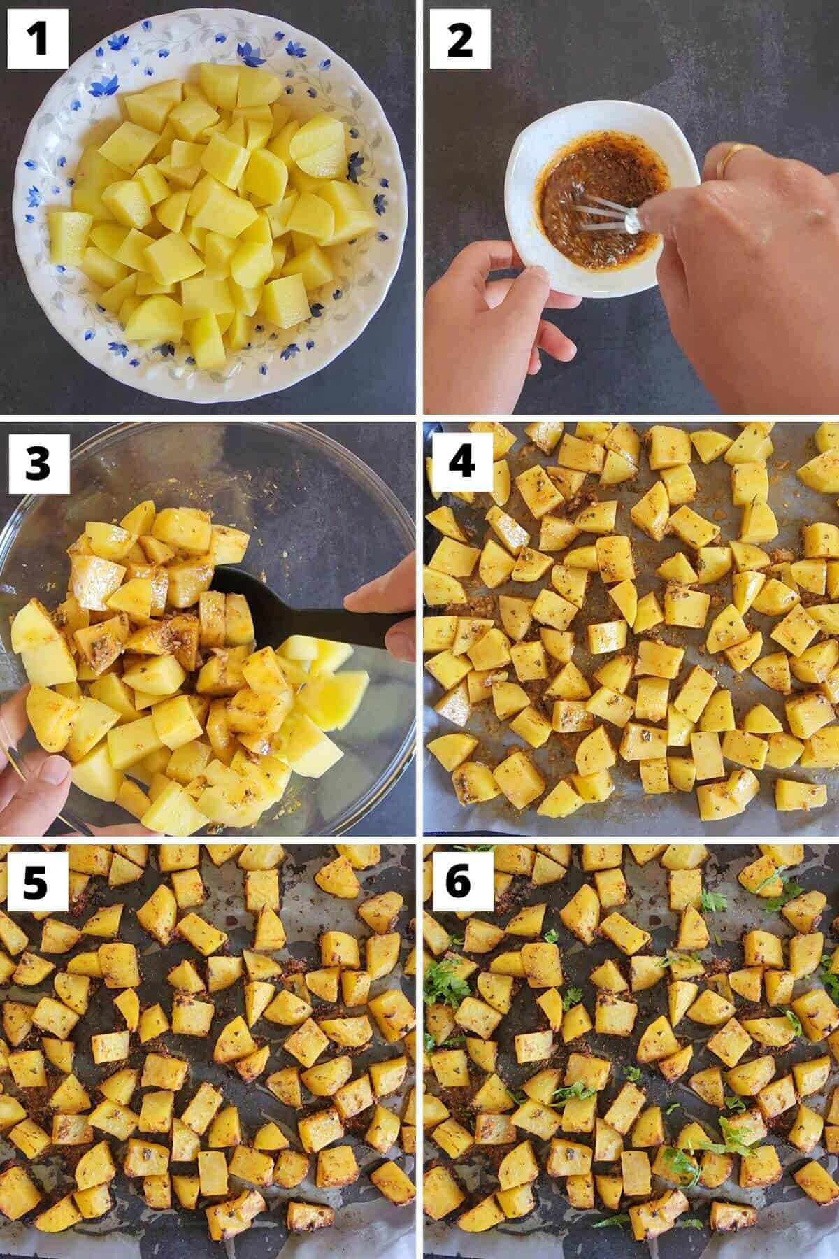 Collage of images of steps 1 to 6 of oven roasted curry potatoes, labeled.