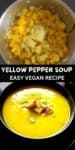 Collage of two images of yellow pepper soup.