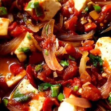 Close up shot of Asian tomato tofu.