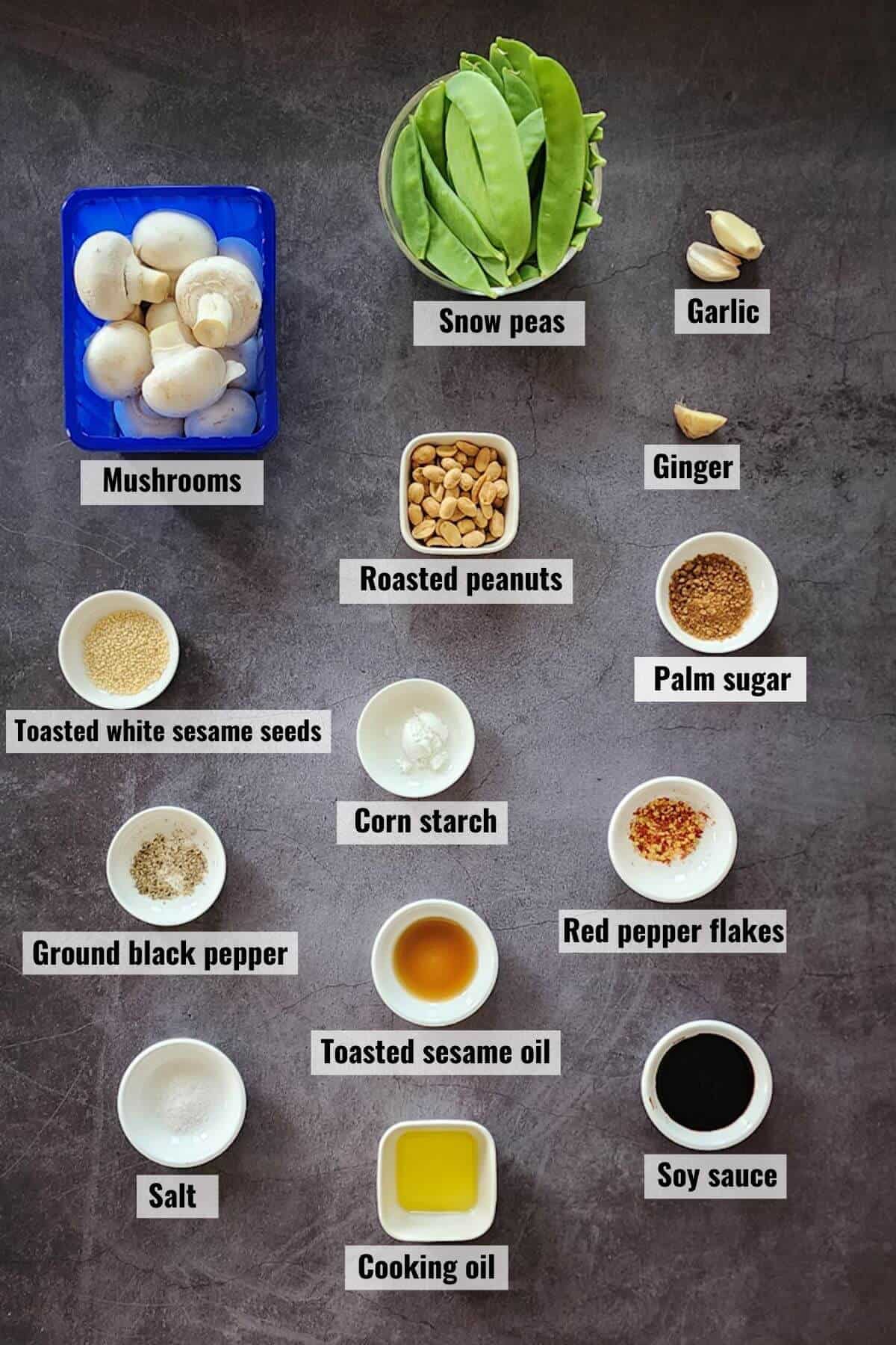 Ingredients for mushroom snow peas stir fry, labeled.