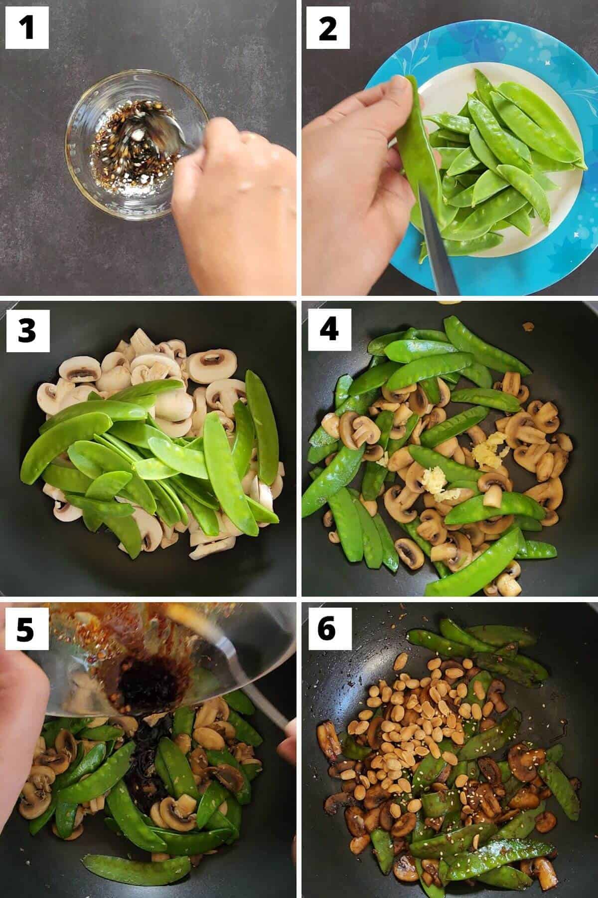 Collage of images of steps 1 to 6 of mushroom snow peas stir fry recipe.
