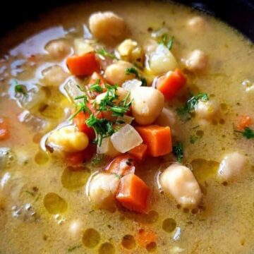 A bowl of Greek chickpea soup, Revithia soupa.