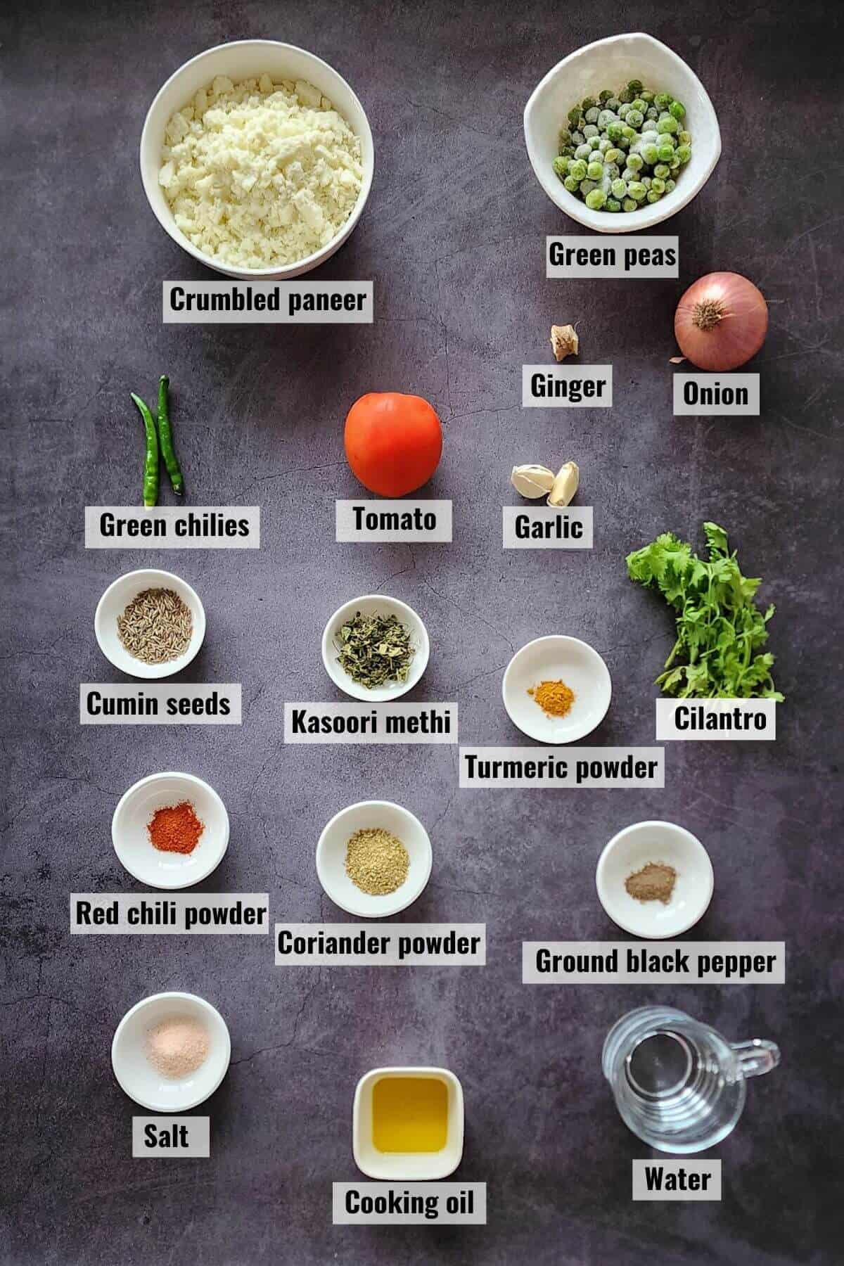 Ingredients for paneer bhurji recipe, labeled.