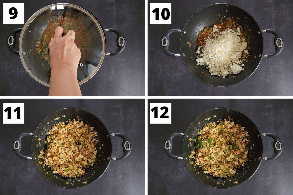 Collage of images of steps 9 to 12 of paneer bhurji recipe.