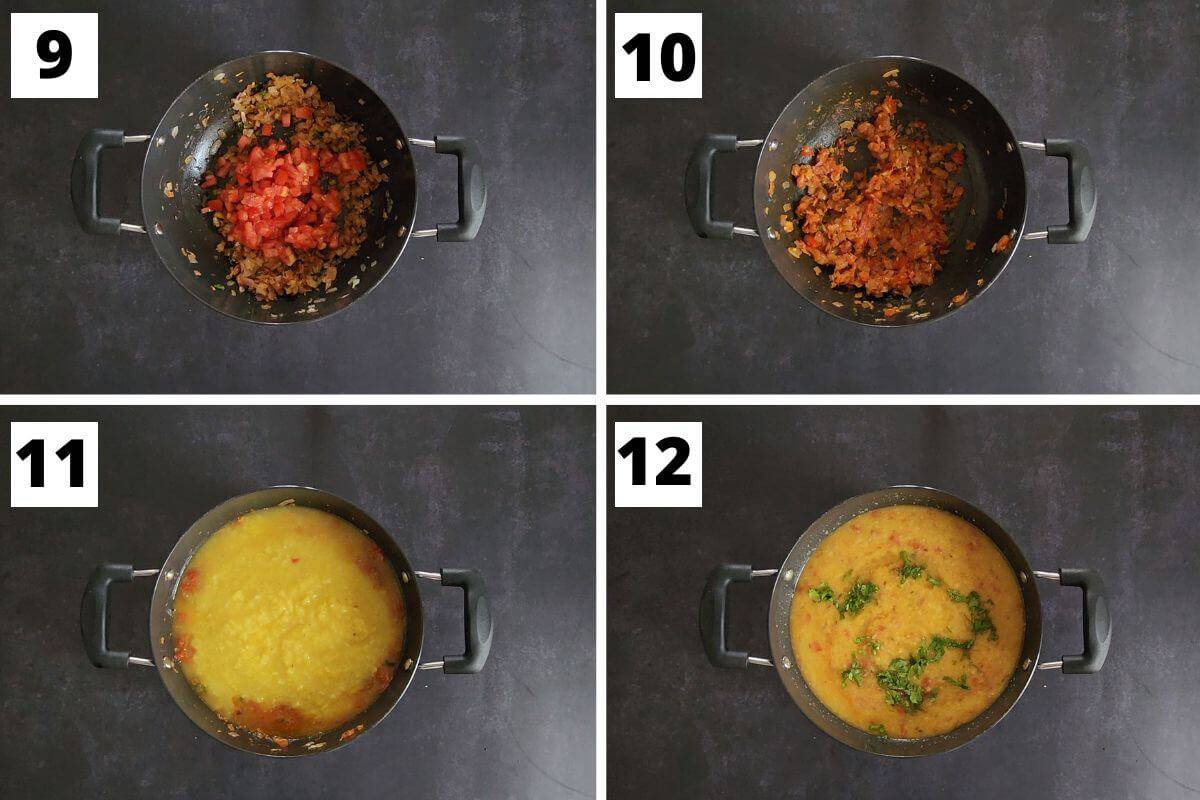 collage of images of steps 9 to 12 of moong masoor dal recipe.